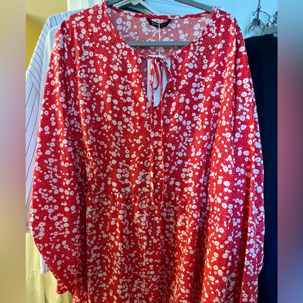 BloomChic classic red & white ditzy print top.Long sleeves,elastic peplum waist.